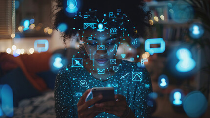 Female professional surfing the internet on her smartphone, with digital icons representing big data and network connections 