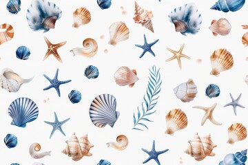 Obraz premium Seamless pattern with seashells and waves in ocean colors in watercolor style.