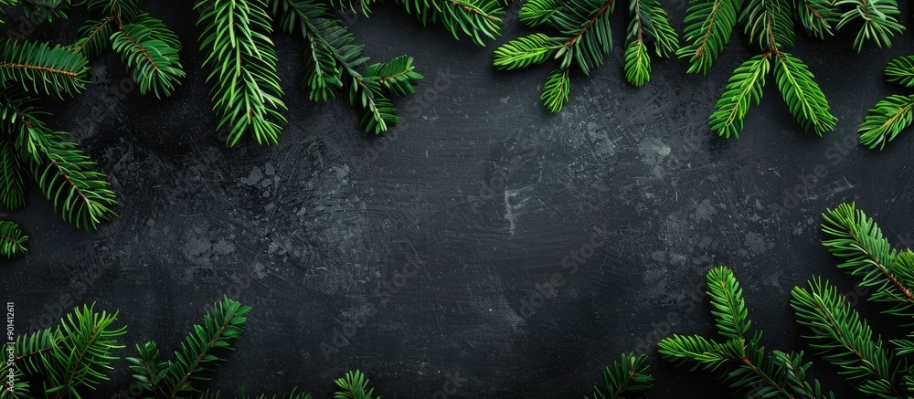 Poster fir branches form a christmas green frame on a black board background presenting a festive copy spac