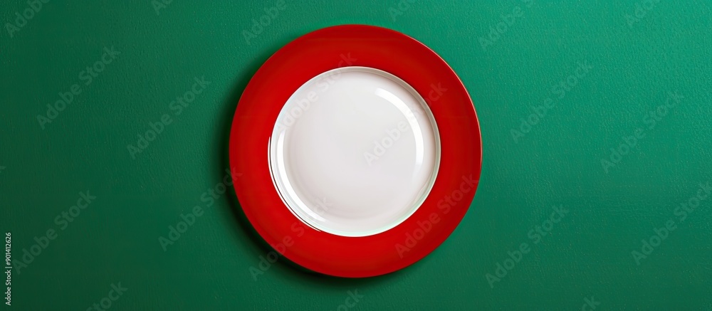 Poster ceramic white plate placed on a red plate on a green backdrop creating a food themed copy space imag