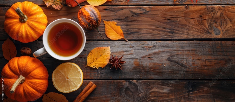 Aufkleber autumn themed still life with tea lemon pumpkins leaves on dark wooden table embodies fall mood for 
