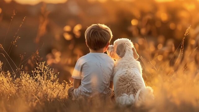 Little boy and his dog outdoors. Cute child with doggy pet. Best friends and love animals concept. International Homeless Animals Day