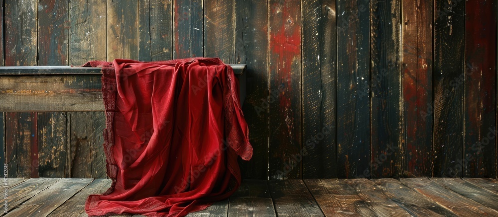 Poster A red tablecloth neatly draped over a rustic wooden table with a visible copy space image