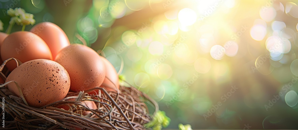Poster Eggs in a basket with a background perfect for adding your own content creating a copy space image