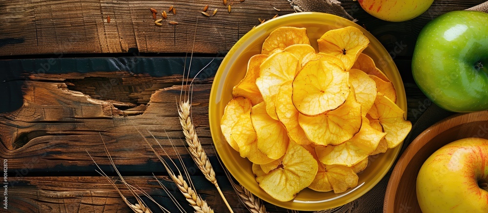 Poster Top view of apple chips on a yellow plate surrounded by a green apple and wheat spica on a wooden table with room for text or images. copy space available