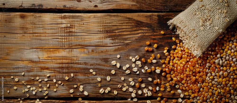 Poster Top down view of millet and various cereals on a wooden surface with ample copy space image