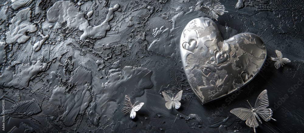 Aufkleber Silver heart with butterflies symbolizing love placed on a dark graphite backdrop with copy space image