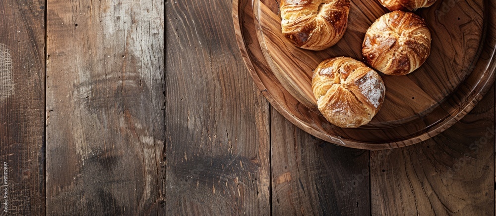 Poster Top down view of a wooden tray in a bakery setting perfect for a copy space image