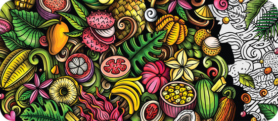 Cartoon vector doodle Tropical Fruits banner background. Funny natural food colorful illustration.