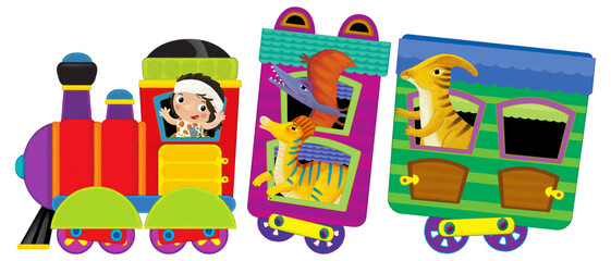 Cartoon funny looking colorful wagon with dino dinosaur animal lizard and caveman conductor isolated illustration for children