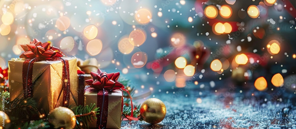 Poster Celebratory New Year concept with a festive backdrop featuring gift boxes and ample copy space image for greetings