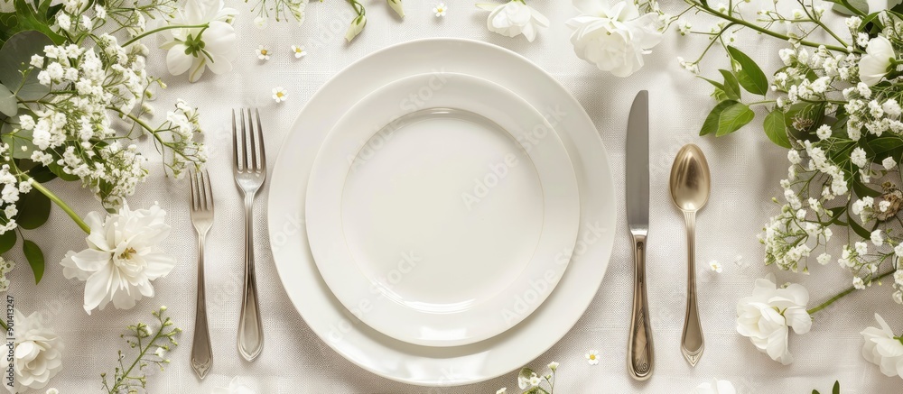 Poster a chic table arrangement featuring a pristine white plate surrounded by silver cutlery and delicate 