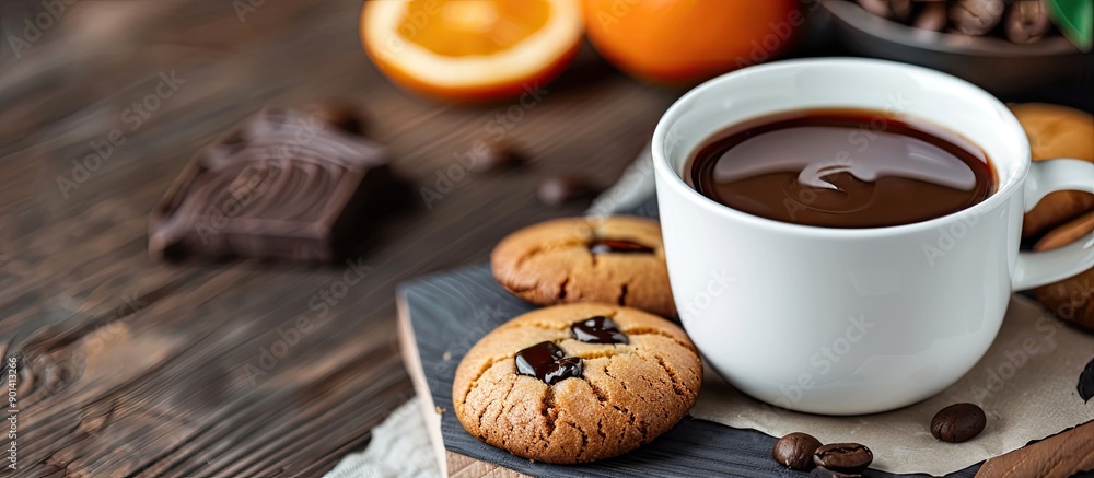 Aufkleber Coffee in a white cup and an orange chocolate cookie with chocolate sauce in a bowl displayed on a geometric wooden table with space for text or images. copy space available
