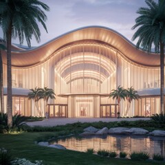 exterior design of a mall, inviting lights. The building is a modern architectural masterpiece