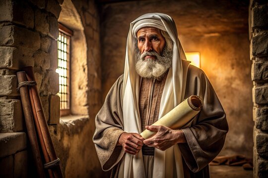 Portrait of an Old Testament prophet in Jewish national clothes in a room