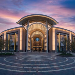 Fototapeta premium exterior design of a mall, inviting lights. The building is a modern architectural masterpiece