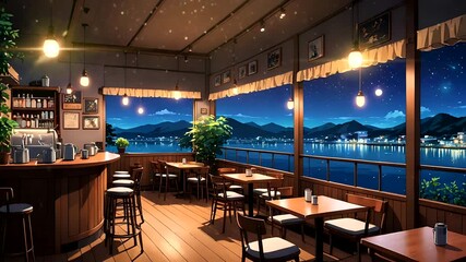 Cozy cafe interior with a night view of mountains and city lights through large windows. Seamless looping 4k time-lapse animation video background
