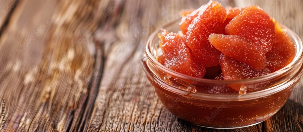 Poster close up of delicious quince paste on a wooden surface with ample copy space image