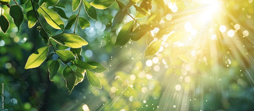 Poster filtered sunlight shining through tree branches creates a peaceful ambiance perfect for a copy space