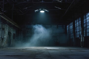 Black factory with spotlight and fog in nighttime architecture warehouse building.