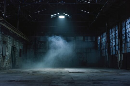 Black factory with spotlight and fog in nighttime architecture warehouse building.