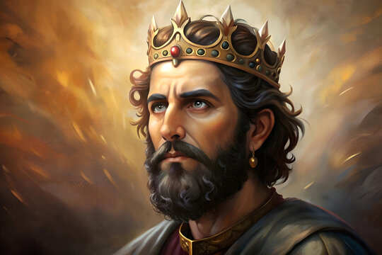 Old Testament king David with a crown on his head with a careful look