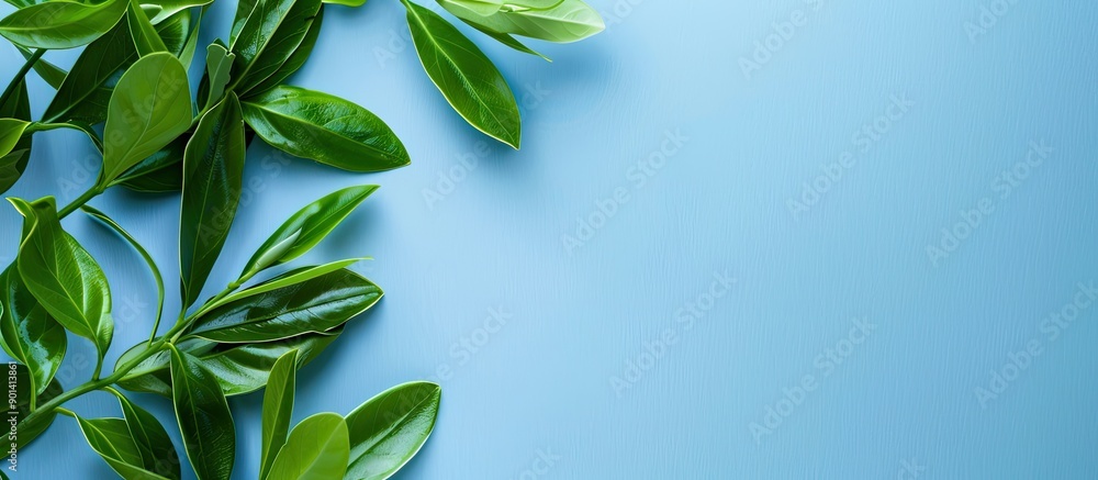 Poster Fresh green laurel branches set against a blue backdrop with space for text or graphics Focus is on the branches. copy space available