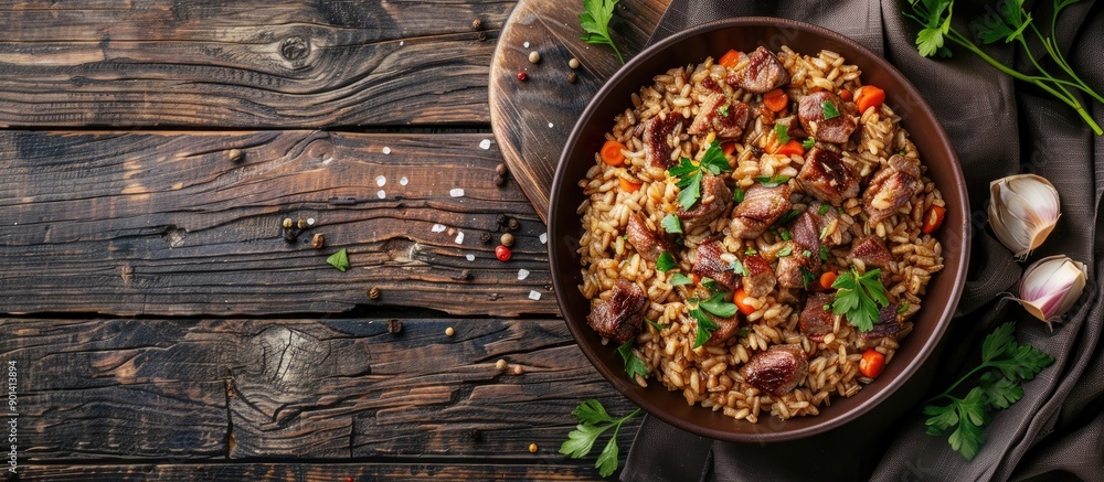 Poster Rustic top view of a table set with a lamb meat pilaf dish ideal for eating or cooking with a copy space image in the background