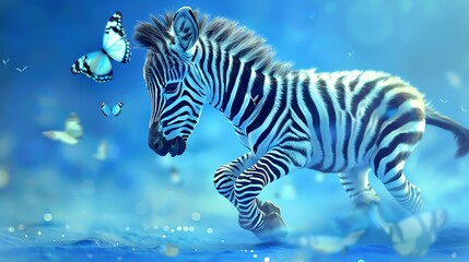 Fototapeta premium A cute zebra baby on a blue background, playfully chasing butterflies, its stripes shimmering in the soft light. The scene is whimsical and joyful.