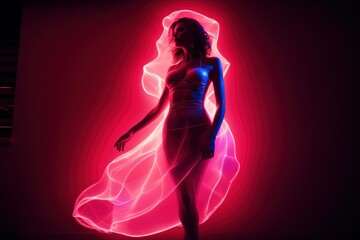 Fototapeta premium Artistic silhouette of a woman surrounded by vibrant neon glow and abstract shapes