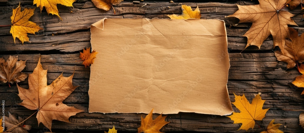 Poster autumn themed composition with a blank paper yellow leaves on a wooden surface suitable for text aut