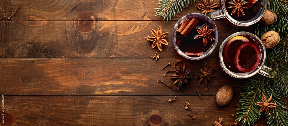 Poster wooden table showcasing a classic mulled wine display with spices leaving room for a copy space imag