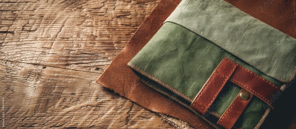 Aufkleber top view of a green linen fabric wallet with brown real leather on a copy space image