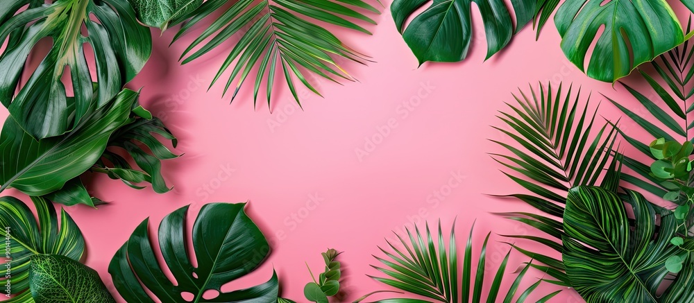 Fototapete top view of a banner on a pink background with a tropical green palm monstera leaf and branches patt