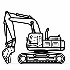 Detailed black and white illustration of an excavator showing its various parts and mechanical features in a side view.