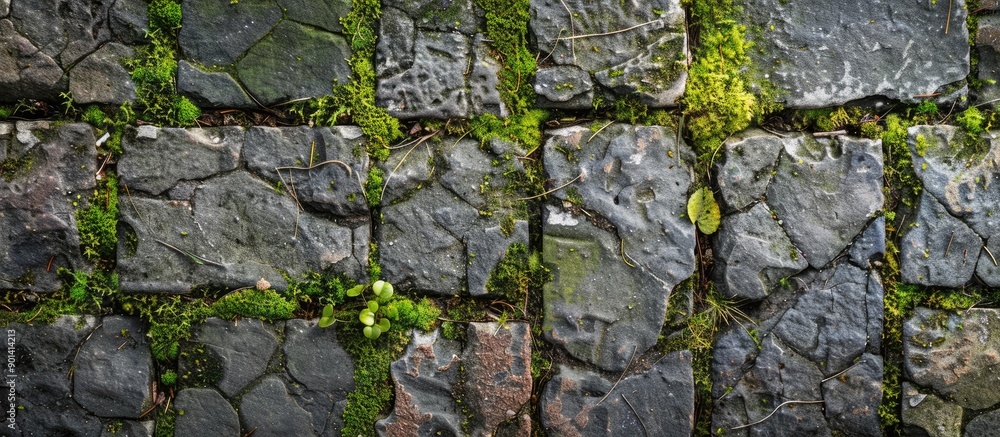 Poster gray patterned bricks with green moss provide the backdrop for a copy space image