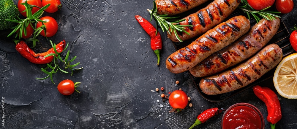 Poster Grilled sausages and vegetables with a blank area for adding text in the image. copy space available