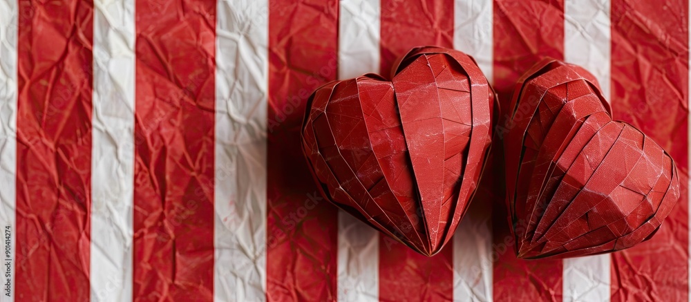 Poster Two artisan made paper hearts displayed on a background with red and white stripes with copy space image