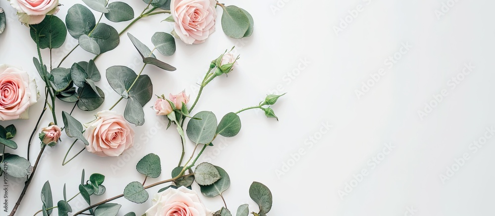 Poster copy space image of a floral wreath consisting of pink roses and eucalyptus leaves on a white backgr