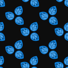 Leaves Blue. Seamless Pattern Black background