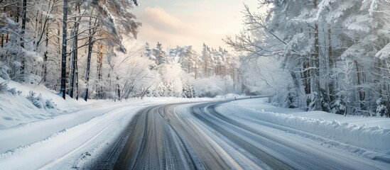 A serene winter rural scene featuring an empty highway cutting through a snow covered forest ideal for travel Christmas vacations and potentially hazardous driving conditions Copy space image