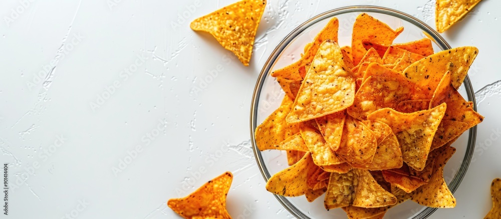 Aufkleber nachos arranged in a glass bowl on a white background with copy space image