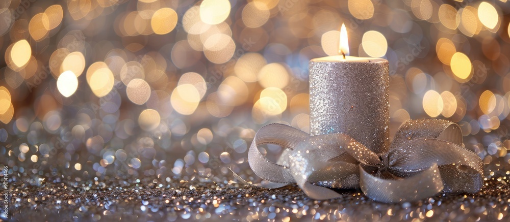 Aufkleber a silver candle for christmas and new year with a curly ribbon bow decoration placed on a glittering
