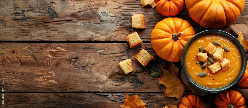 Poster top view of pumpkin soup with croutons and seeds next to organic pumpkins with copy space image