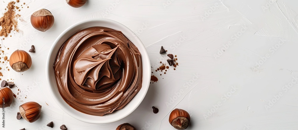 Poster A bowl of chocolate hazelnut spread on a white backdrop with copy space for text or design