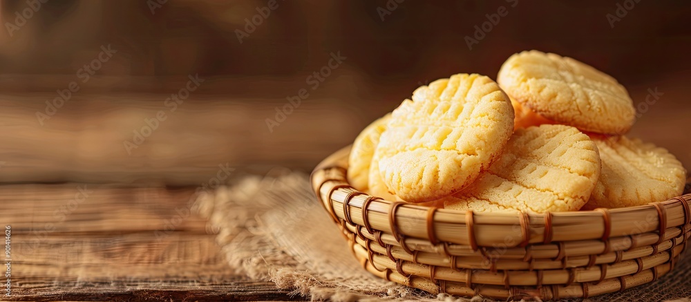 Aufkleber butter cookies displayed in a bamboo dish on a wooden table with a subtle background for a copy spac
