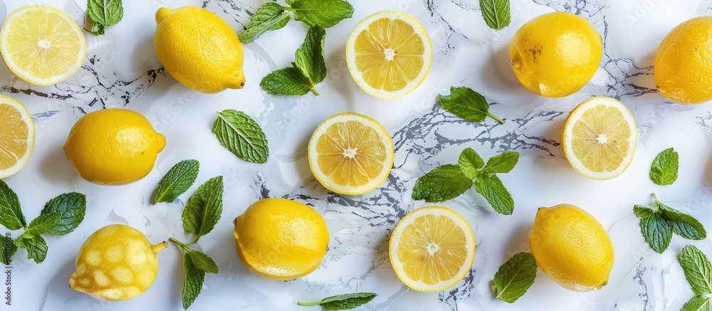 Poster from above view of fresh lemons and green mint leaves arranged on a marble background in a flat lay 