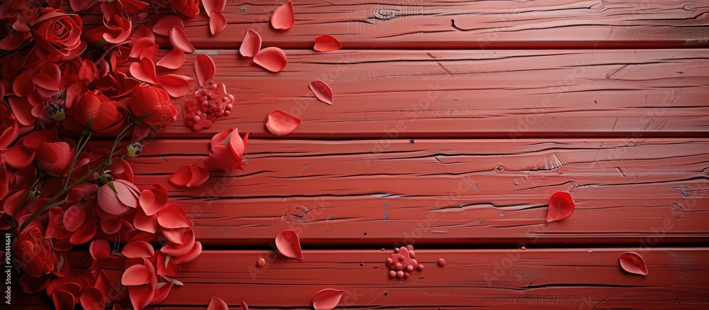 Aufkleber A background of red wood is adorned with a frame of petals and plastic hearts to leave space for adding an image. copy space available