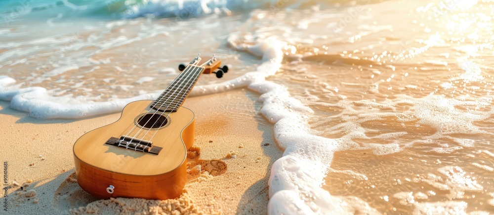 Aufkleber beautiful summer beach scene with a ukulele placed on the sand ideal for a copy space image