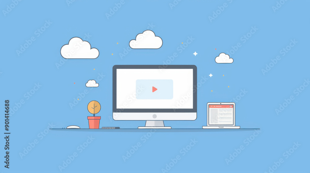 Poster illustration of cloud computing concept featuring a desktop and laptop with cloud icons and a minima